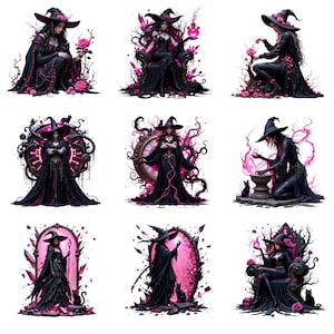 May include: Nine illustrations of a witch in a black dress and hat with pink accents. The witch is surrounded by pink roses, crystals, and a black cat. Some images show the witch interacting with a cauldron or holding a rose.