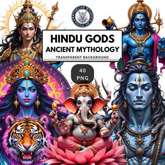 Hindu Gods Clipart Bundle – Mythological Indian Deities for Fantasy Junk Journals & Pagan Arts