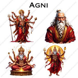 May include: A collection of four illustrations featuring the deity Agni, depicted with a white beard, wearing red and gold robes. The figures hold various items including a trident, a mace, and prayer beads, with some shown in meditation.