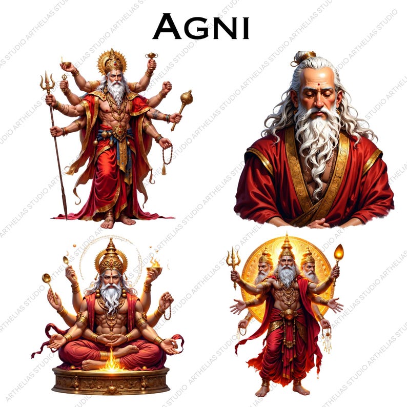 May include: A collection of four illustrations featuring the deity Agni, depicted with a white beard, wearing red and gold robes. The figures hold various items including a trident, a mace, and prayer beads, with some shown in meditation.