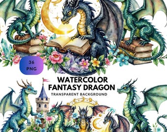 Watercolor Fantasy Dragon Clipart Bundle, Magical Creatures (Digital Art Download)