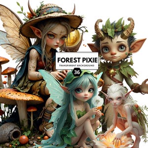 Può includere: Illustrazione digitale di quattro folletti della foresta con grandi occhi e lineamenti delicati. I folletti sono adornati con elementi naturali come foglie, fiori e corna. L'immagine include il testo "FOREST PIXIE" e "TRANSPARENT BACKGROUND".