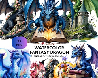 Fantasy Dragon Clipart – Watercolor Gothic Dragons PNG, Magical Creatures for Sublimation & Book Projects (Digital)