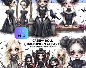 Creepy Doll Clipart PNG – Gothic Halloween Haunted Girl Set (Digital Download)
