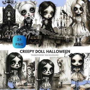 Könnte beinhalten: Digitale Kunst mit mehreren gruseligen Puppenillustrationen mit großen Augen, gekleidet in Gothic-Kleidung. Der Text "CREEPY DOLL HALLOWEEN" und "TRANSPARENT BACKGROUND" sind zu sehen. Ein blaues Quadrat mit dem Text "26 PNG" ist ebenfalls vorhanden.
