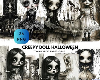 Creepy Doll Halloween Bundle - Gothic Girl Clipart for Spooky Journals, Demon Ephemera PNG, Scary Haunted Doll Graphics