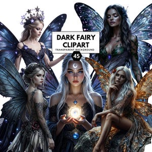 Op de afbeelding: Digitale kunst met meerdere fantasiefiguren met vleugels. De figuren worden afgebeeld met lang haar, ingewikkelde jurken en donkere, hemelse vleugels. De afbeelding bevat de tekst "DARK FAIRY CLIPART TRANSPARENT BACKGROUND" en het nummer "45".