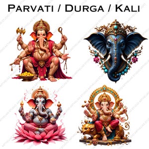 May include: A digital illustration set featuring four distinct depictions of the deity Ganesha, with the text PARVATI / DURGA / KALI at the top. The images show Ganesha in various poses, including seated on a lotus, holding an axe, and riding a mouse.