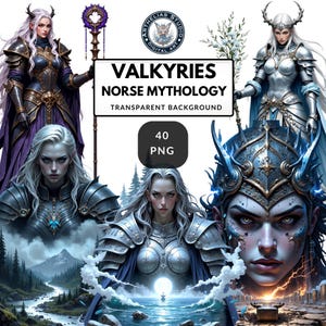 Könnte beinhalten: Digitale Kunst mit Walküren aus der nordischen Mythologie. Das Bild enthält mehrere Illustrationen weiblicher Figuren in Rüstungen, mit langen weißen Haaren und verschiedenen Accessoires. Der Text "VALKYRIES NORSE MYTHOLOGY TRANSPARENT BACKGROUND" wird angezeigt.