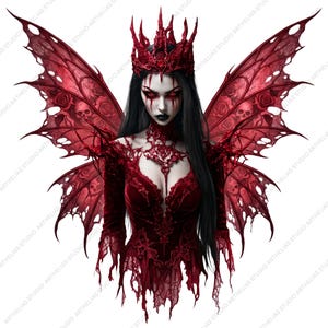 May include: A digital illustration of a dark fantasy figure with long black hair, a red crown, and matching red attire. The figure has red eyes and dark makeup. Large, ornate red wings with skull and rose details extend from the back. The overall aesthetic is gothic and dramatic.