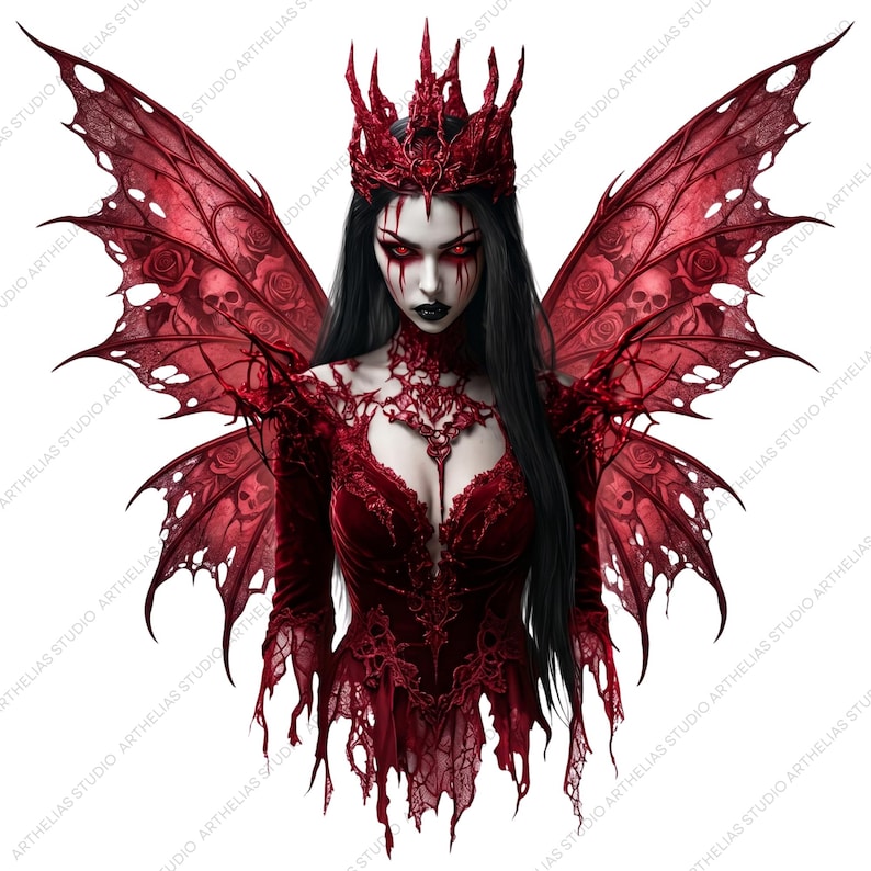 May include: A digital illustration of a dark fantasy figure with long black hair, a red crown, and matching red attire. The figure has red eyes and dark makeup. Large, ornate red wings with skull and rose details extend from the back. The overall aesthetic is gothic and dramatic.