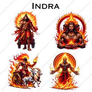 May include: A digital graphic set titled INDRA featuring four distinct illustrations of a muscular deity surrounded by vibrant orange and red flames. The figures are depicted with long hair, traditional attire, and dynamic poses, including one riding a chariot pulled by two white goats.