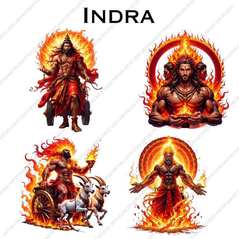 May include: A digital graphic set titled INDRA featuring four distinct illustrations of a muscular deity surrounded by vibrant orange and red flames. The figures are depicted with long hair, traditional attire, and dynamic poses, including one riding a chariot pulled by two white goats.