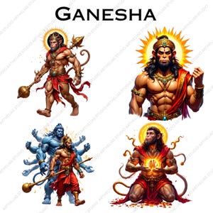May include: A collection of four digital illustrations featuring the deity Hanuman in various poses, including standing with a mace, a close-up portrait, standing before a blue multi-armed figure, and kneeling with glowing hands. The text GANESHA is at the top.