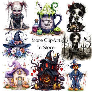 May include: A collection of spooky Halloween-themed clipart illustrations. Includes a witch's brew mug, a haunted house, a scarecrow, and other gothic-style characters and elements. The text "More CLIPArt in Store" is also present.