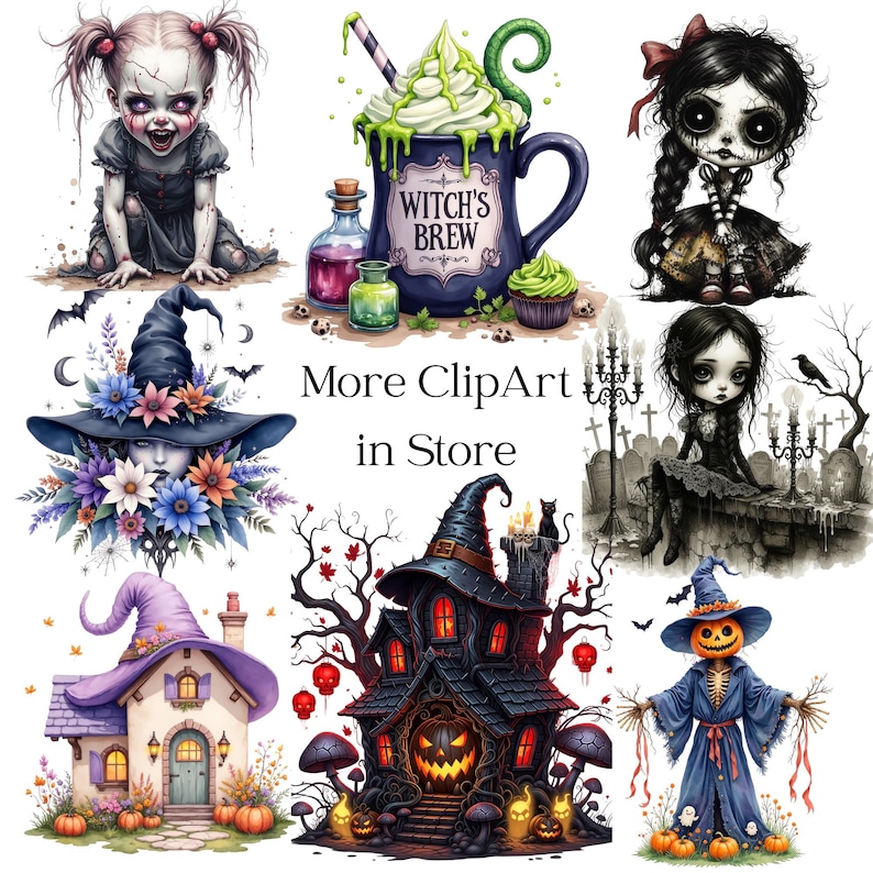 May include: A collection of spooky Halloween-themed clipart illustrations. Includes a witch's brew mug, a haunted house, a scarecrow, and other gothic-style characters and elements. The text "More CLIPArt in Store" is also present.