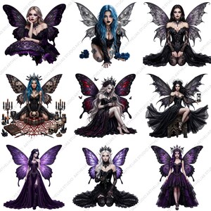 May include: A collection of nine digital art illustrations featuring gothic fairies with elaborate wings. Each fairy is depicted in dark attire, with varying hair colors and poses. The wings showcase intricate designs and color variations, including purple, black, and red.