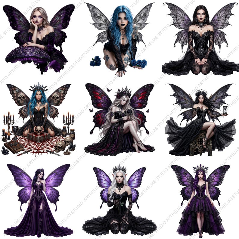 May include: A collection of nine digital art illustrations featuring gothic fairies with elaborate wings. Each fairy is depicted in dark attire, with varying hair colors and poses. The wings showcase intricate designs and color variations, including purple, black, and red.