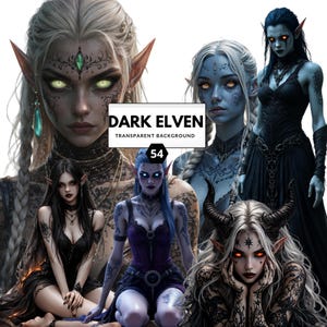 Puede incluir: Un collage de arte digital con varios elfos oscuros con piel pálida, orejas puntiagudas y tatuajes intrincados. Los elfos tienen varios colores de cabello y visten ropa oscura. Se muestra el texto "DARK ELVEN" y "TRANSPARENT BACKGROUND".