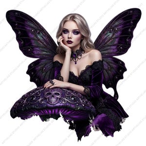 May include: A digital illustration of a woman with blonde hair and dark makeup, wearing a purple velvet dress with black lace accents. She has large, dark purple butterfly wings and is seated on a mushroom-shaped cushion with a skull design.