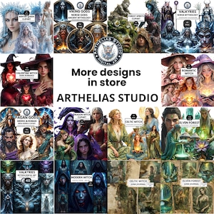 May include: A digital art collage featuring various fantasy-themed clip art sets. The image includes illustrations of winter queens, Viking gods, forest spirits, witches, and elven forest scenes. The text "More designs in store" and "ARTHELIAS STUDIO" are also visible.