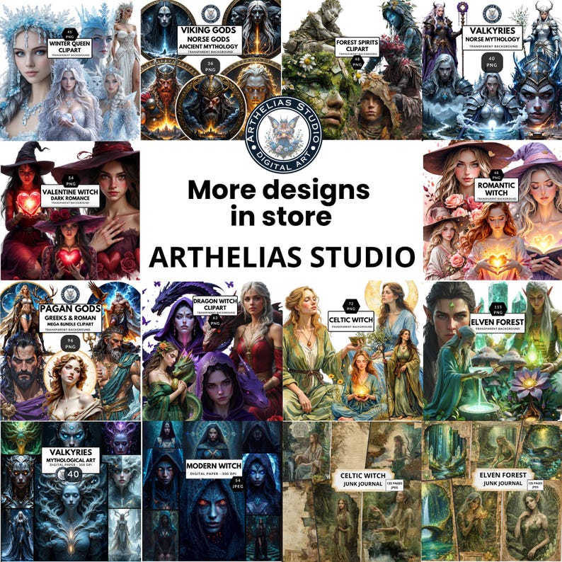May include: A digital art collage featuring various fantasy-themed clip art sets. The image includes illustrations of winter queens, Viking gods, forest spirits, witches, and elven forest scenes. The text "More designs in store" and "ARTHELIAS STUDIO" are also visible.