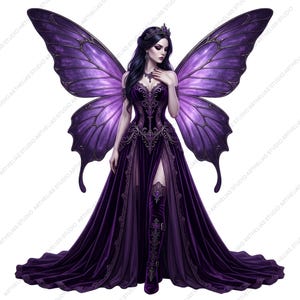 May include: A digital illustration of a fairy in a long, flowing purple velvet gown with matching boots. The fairy has large, detailed purple wings and a jeweled crown. The image has a fantasy theme.