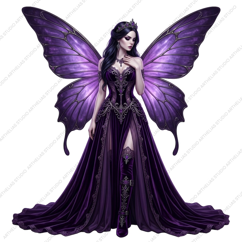 May include: A digital illustration of a fairy in a long, flowing purple velvet gown with matching boots. The fairy has large, detailed purple wings and a jeweled crown. The image has a fantasy theme.