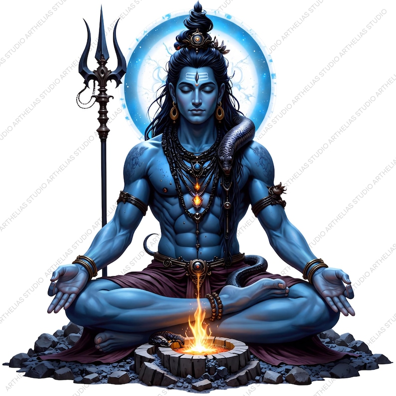 May include: A blue-skinned deity sits in a meditative lotus position, adorned with layered necklaces, armbands, and a coiled snake. A trident stands to the left, while a small fire burns in a stone pit in front of a glowing blue circular halo.