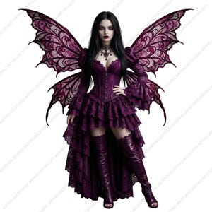 May include: A digital illustration of a gothic fairy in a purple dress with lace detailing, a corset, and matching thigh-high boots. The fairy has large, ornate wings and long black hair. The image is set against a white background.