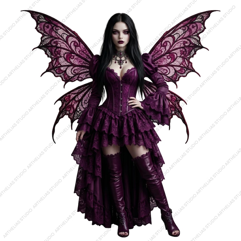 May include: A digital illustration of a gothic fairy in a purple dress with lace detailing, a corset, and matching thigh-high boots. The fairy has large, ornate wings and long black hair. The image is set against a white background.