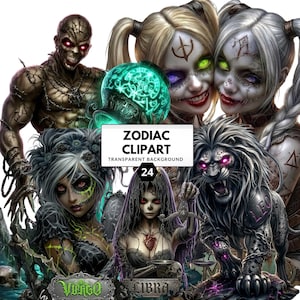 May include: A digital collage featuring 24 zodiac-themed clip art images with a transparent background. The artwork includes zombie-like figures, a glowing orb, and a lion, with the words "Zodiac Clipart" and the number "24" displayed.