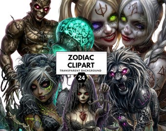 Zodiac Clipart Bundle – Horror Horoscope PNG Graphics for Astrology Crafts, Collage & Digital Design