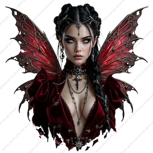 May include: A digital illustration of a woman with dark hair and yellow eyes, adorned with ornate jewelry and red wings. She wears a deep red velvet dress with a plunging neckline, and a choker necklace. The image has a fantasy theme.