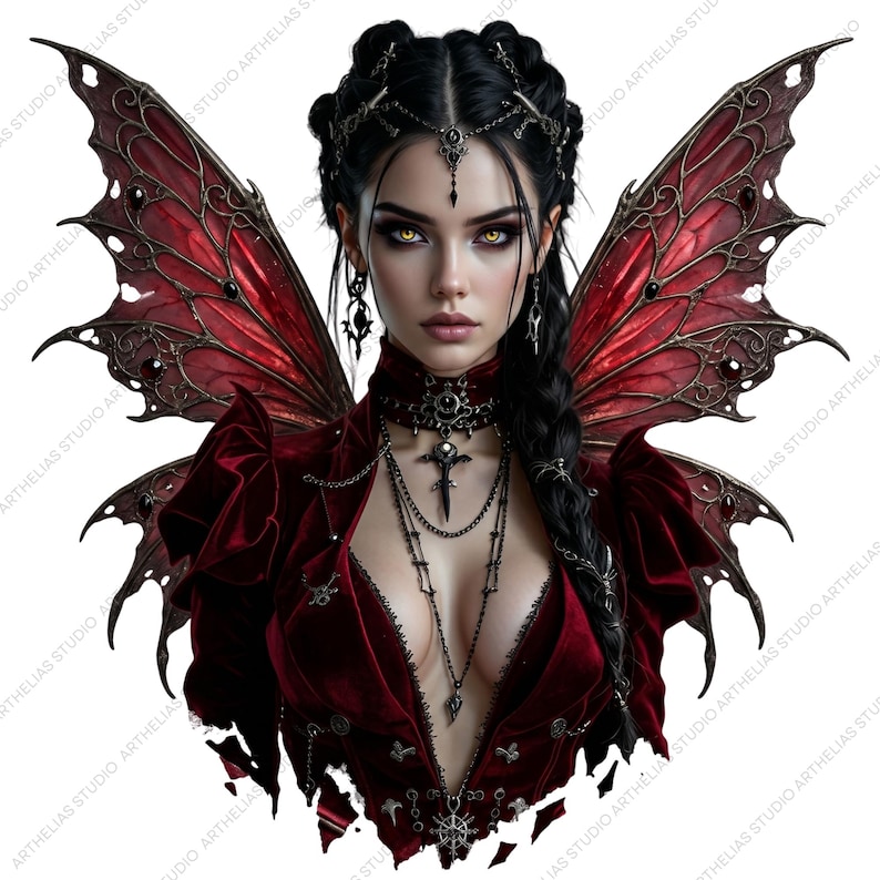 May include: A digital illustration of a woman with dark hair and yellow eyes, adorned with ornate jewelry and red wings. She wears a deep red velvet dress with a plunging neckline, and a choker necklace. The image has a fantasy theme.