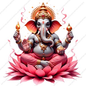 May include: A gray-skinned Ganesha figure with an elephant head and four arms, wearing a gold crown and jewelry, sits in a lotus position on a large pink lotus flower. The figure holds a golden torch, a golden orb, and a small food item.