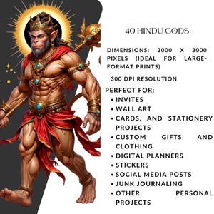 May include: A digital illustration of the Hindu deity Hanuman, depicted with a muscular physique, wearing gold jewelry with turquoise accents and a red garment. He holds a golden mace, with a glowing halo behind his head. Text reads 40 HINDU GODS.