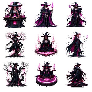 May include: Nine illustrations of witches in various poses. Each witch wears a black dress and hat, with accents of pink and purple. Some hold magical items like a staff or lanterns, while others are surrounded by mystical elements.