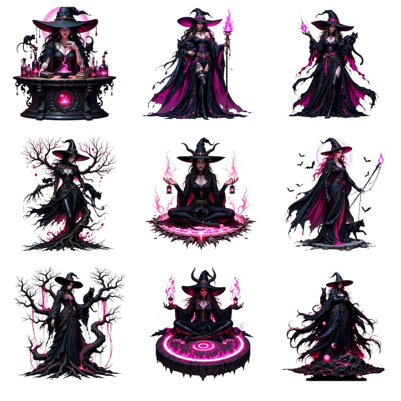 May include: Nine illustrations of witches in various poses. Each witch wears a black dress and hat, with accents of pink and purple. Some hold magical items like a staff or lanterns, while others are surrounded by mystical elements.