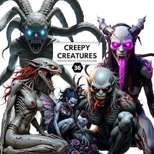 May include: A digital illustration featuring several monstrous creatures with varying skin tones, horns, and sharp teeth. The image includes the text "CREEPY CREATURES TRANSPARENT BACKGROUND 36". The creatures have glowing eyes and are in a fantasy or horror theme.