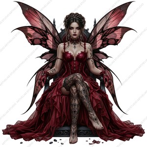 May include: A digital illustration of a woman with dark hair and red wings, seated on a black chair. She wears a red corset, dress, and patterned stockings. The wings are a gradient of red and black. The image has a fantasy theme.