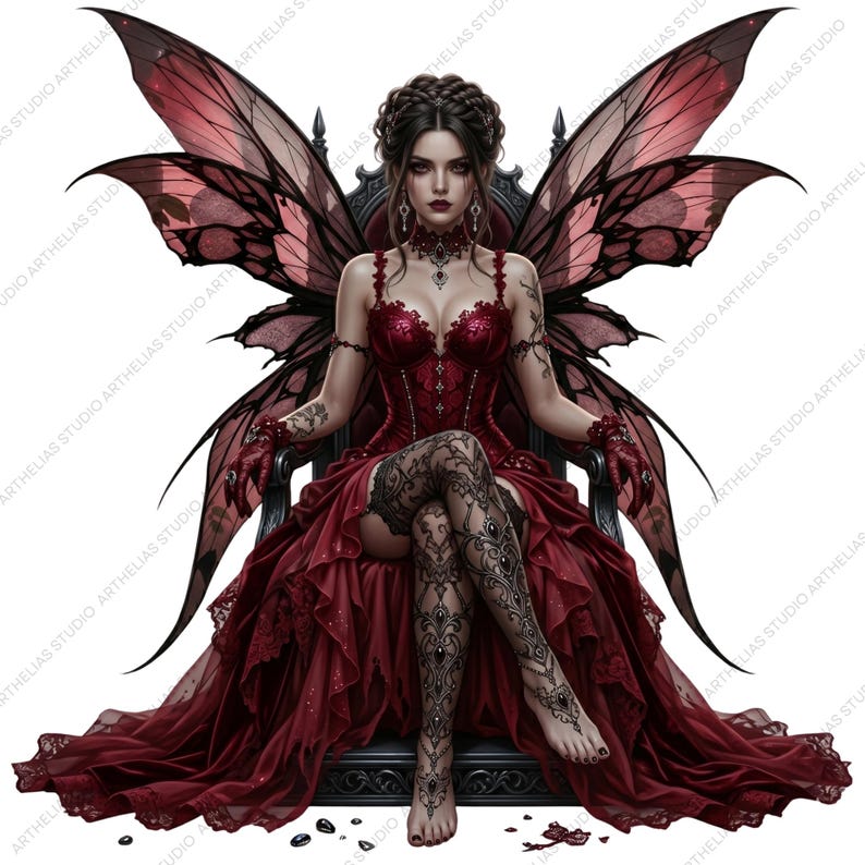 May include: A digital illustration of a woman with dark hair and red wings, seated on a black chair. She wears a red corset, dress, and patterned stockings. The wings are a gradient of red and black. The image has a fantasy theme.