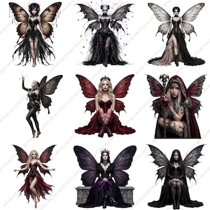 May include: Nine digital art illustrations of gothic fairies with butterfly wings. Each fairy is depicted in a unique pose and attire, with a dark and mystical aesthetic. The color palette includes black, red, and purple.