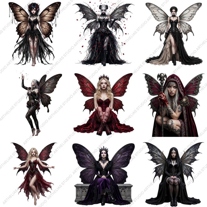 May include: Nine digital art illustrations of gothic fairies with butterfly wings. Each fairy is depicted in a unique pose and attire, with a dark and mystical aesthetic. The color palette includes black, red, and purple.