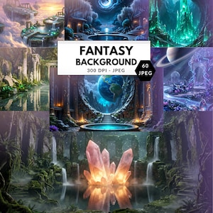 Può includere: Una collezione di immagini di sfondo fantasy. Le immagini presentano vari paesaggi, tra cui isole fluttuanti, foreste mistiche e formazioni cristalline. Il testo "FANTASY BACKGROUND" è visualizzato.