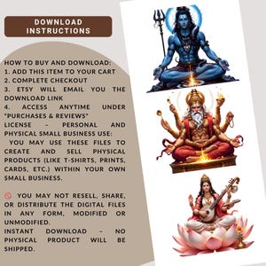 May include: A digital download instruction sheet featuring three illustrations of Hindu deities: a blue-skinned Shiva in meditation, a multi-armed sage holding spoons, and a goddess playing a veena while seated on a large pink lotus flower.