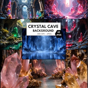 May include: A collection of digital art backgrounds featuring crystal caves. The images showcase various scenes with colorful crystals, water, and rock formations. The text "CRYSTAL CAVE BACKGROUND" is displayed on a white background, along with "300 DPI - JPEG" and "60 JPEG".