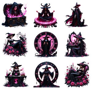 May include: A collection of nine digital illustrations featuring witches in various poses. Each witch is depicted in black attire with pink accents, surrounded by elements like roses, cats, and mystical objects. The artwork has a fantasy theme.
