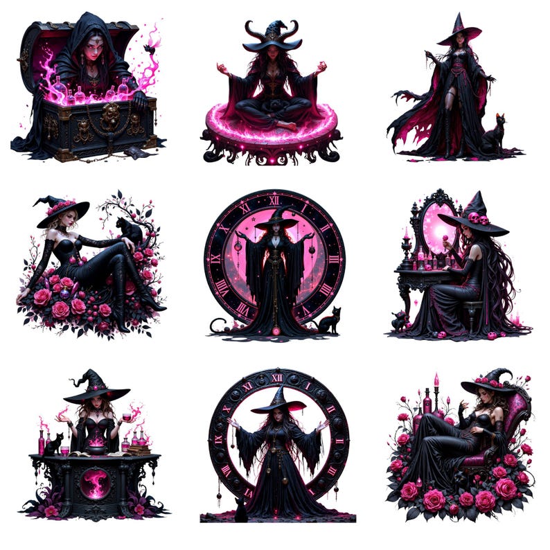May include: A collection of nine digital illustrations featuring witches in various poses. Each witch is depicted in black attire with pink accents, surrounded by elements like roses, cats, and mystical objects. The artwork has a fantasy theme.