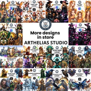 May include: A digital art collage showcasing various themed clipart collections from Arthelias Studio, including Halloween fairies, witches, Egyptian and Aztec gods, wizard school scenes, Celtic deities, Viking warriors, and steampunk ravens.